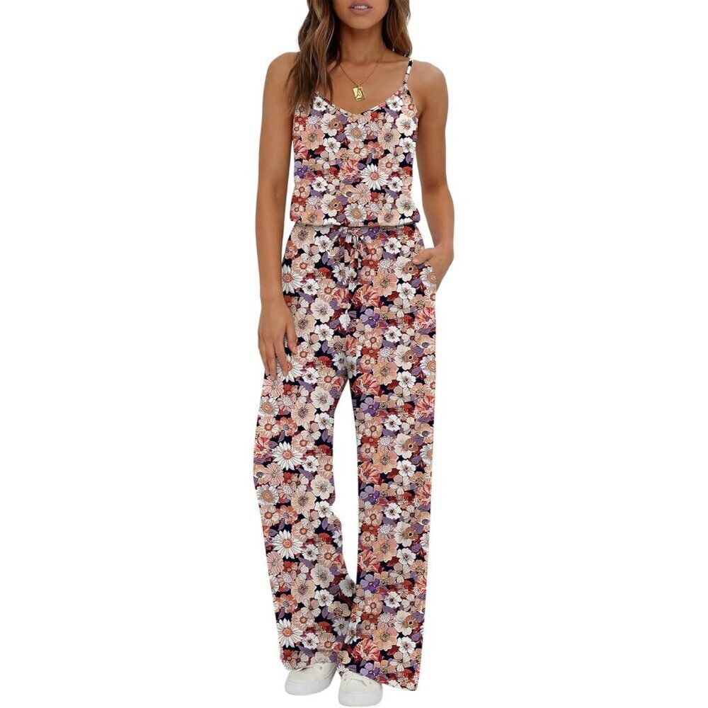 Women's Black Floral Summer Dressy Sleeveless Wide Leg Long Pant Romper Jumpsuit